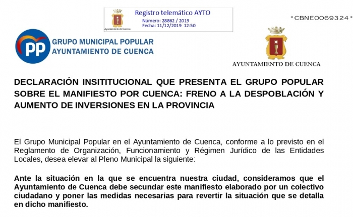 El Grupo Popular registra una Declaración Institucional para el pleno ordinario del 20 de diciembre sobre el Manifiesto por Cuenca