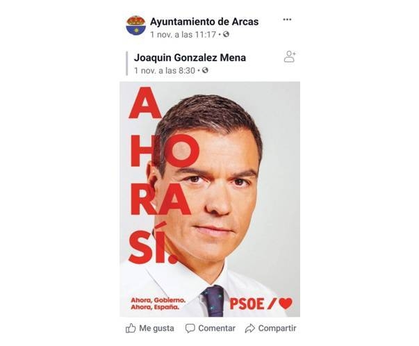 El PP denuncia al Ayuntamiento de Arcas por pedir el apoyo a Sánchez desde su perfil oficial de Facebook