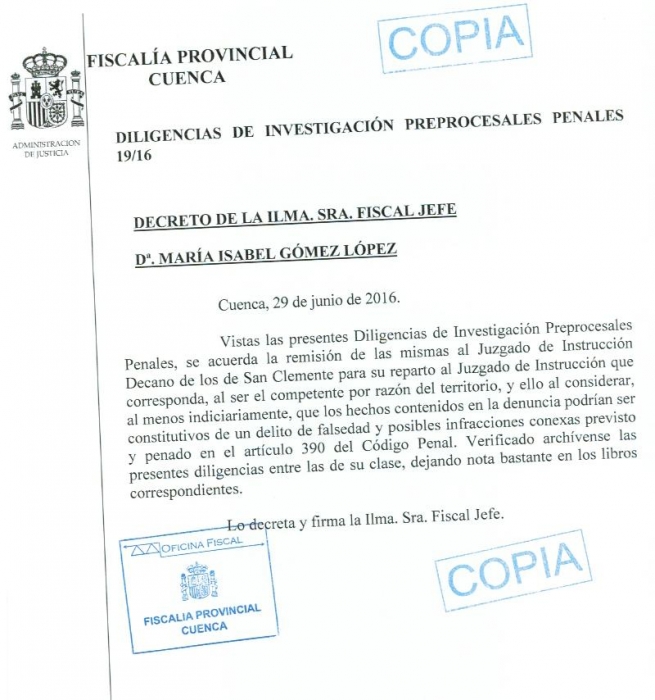 El PP de El Provencio informa que la Fiscalía Provincial de Cuenca ha señalado a Galiano como coautora de posibles delitos de falsedad 