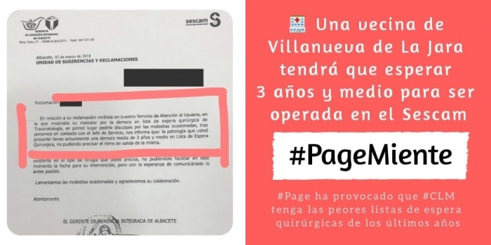 El PP reclama al Sescam que atienda a la paciente de La Jara que tiene que esperar hasta el año 2021 para que la operen en vez de enviarle cartas pidiéndole disculpas